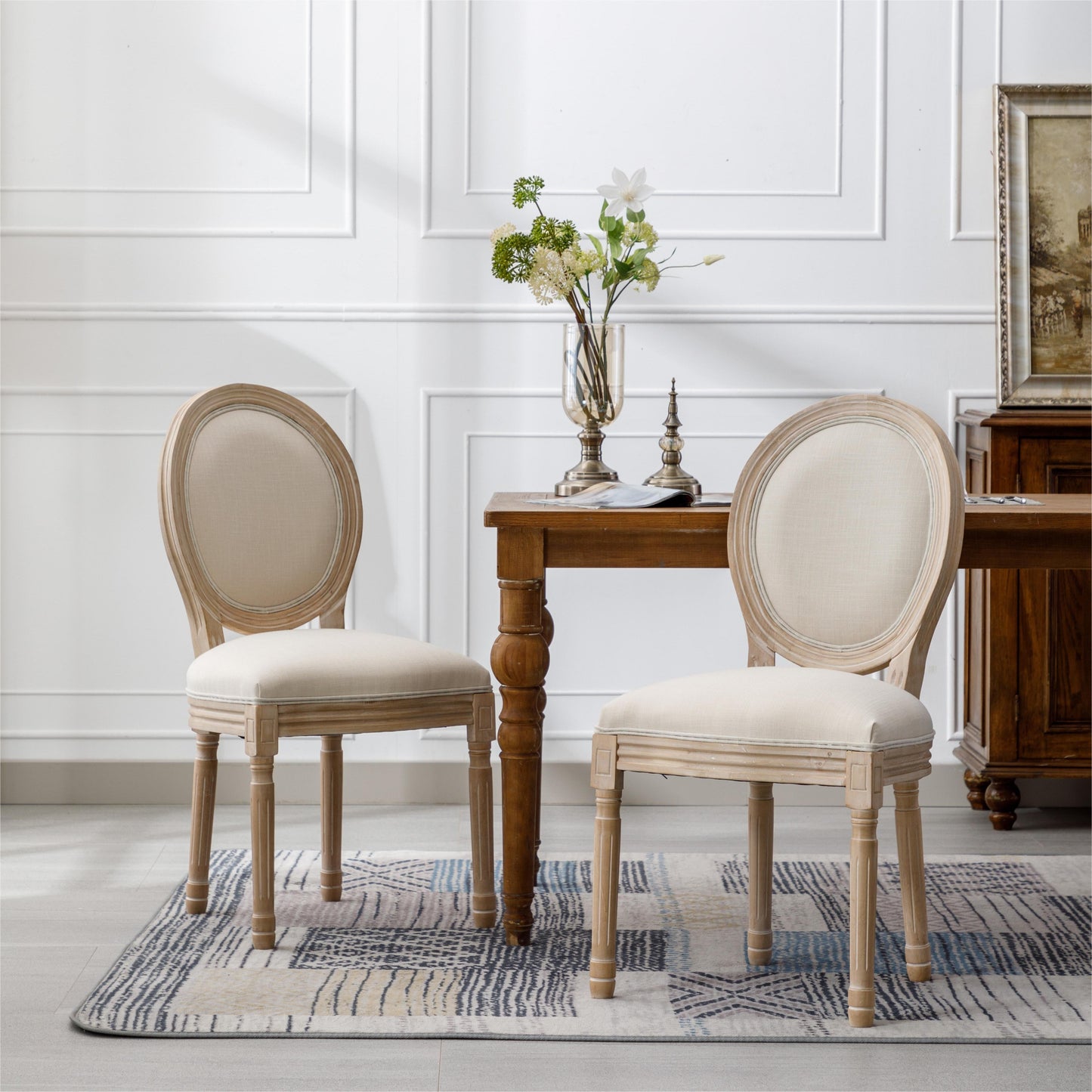 Upholstered Dining Chair with Oval Back and Solid Wood Frame, Set of 2