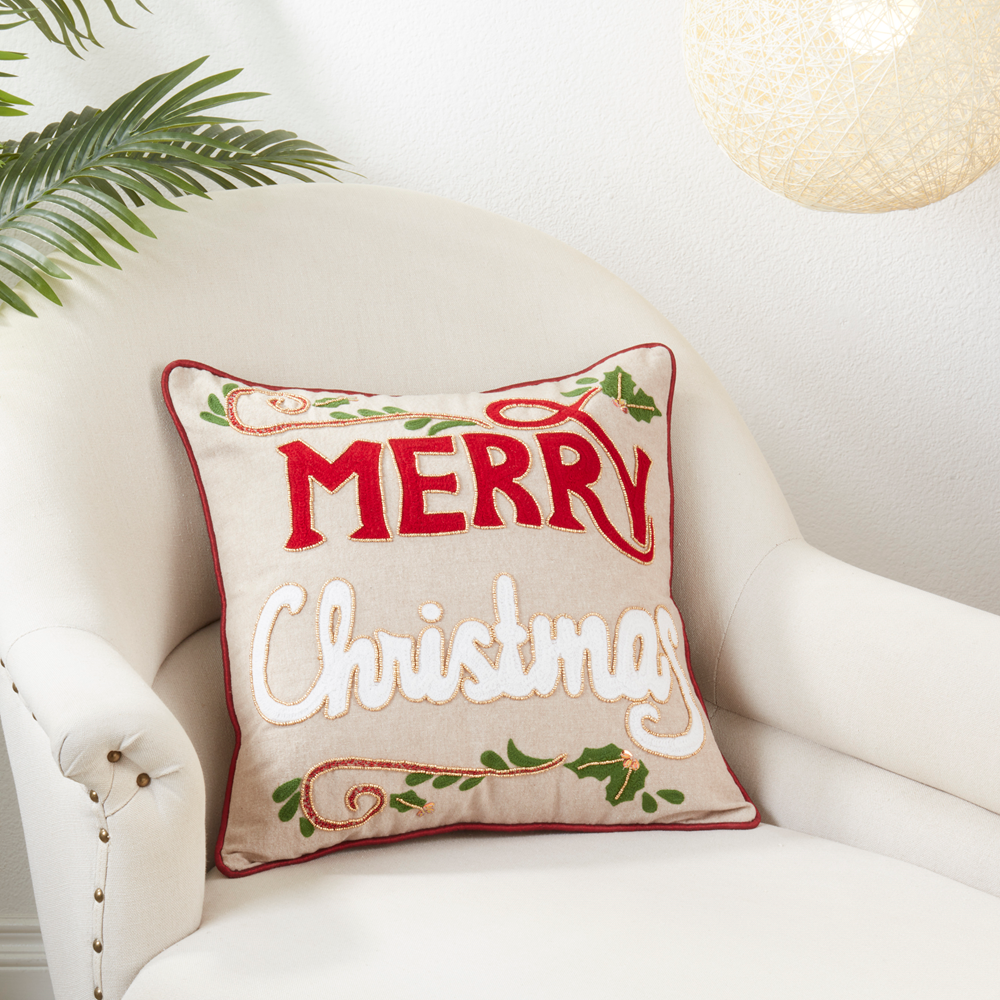 Beaded Merry Christmas Pillow, Down Filled