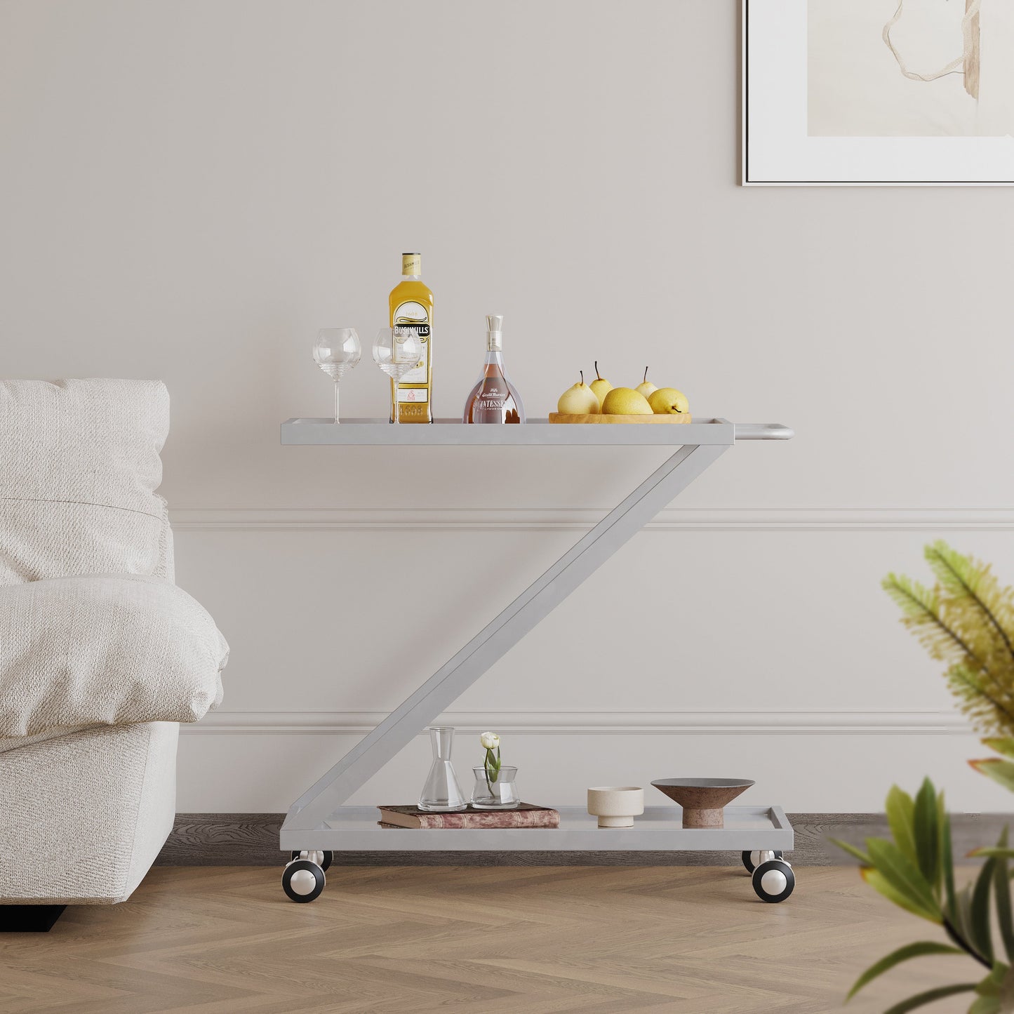 Z-Shape Bar Cart with 2 Glass Shelves and Rolling Casters