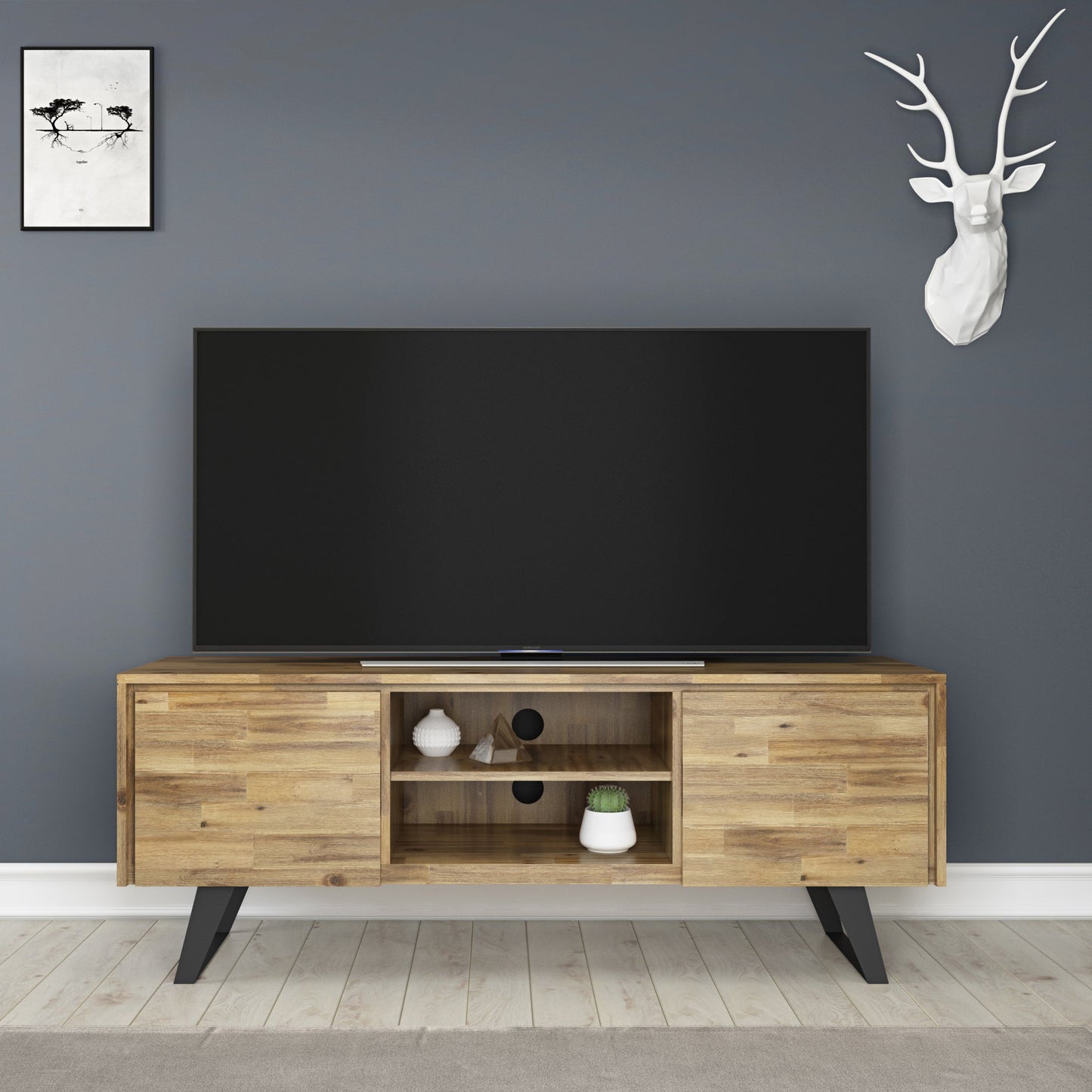 Pioneer TV Stand for TVs Up To 70 Inches with 2 Side Doors, Open Central Shelves and Metal Angled Legs