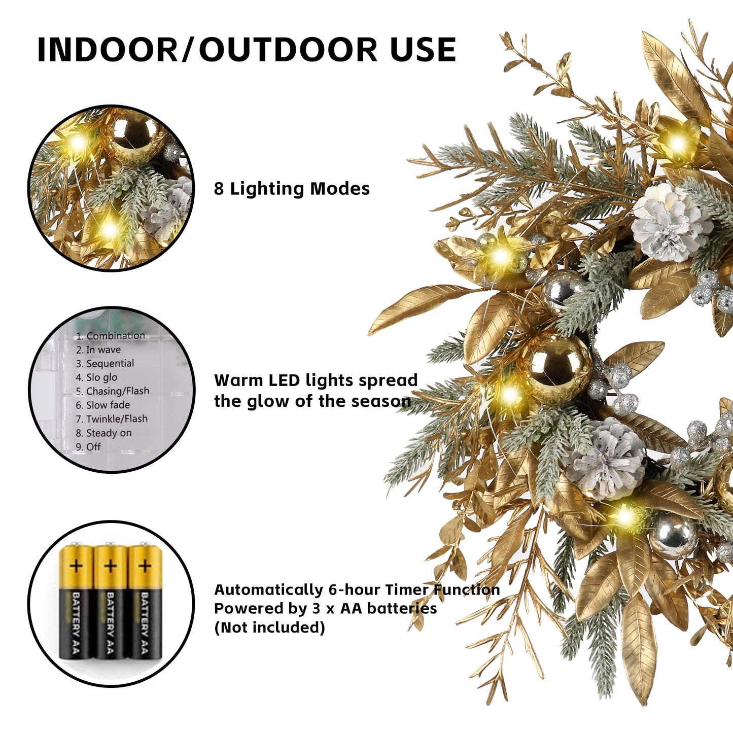 Slenix 20-inch Christmas Wreath, Christmas Door Decorations Wreath with Warm Lights