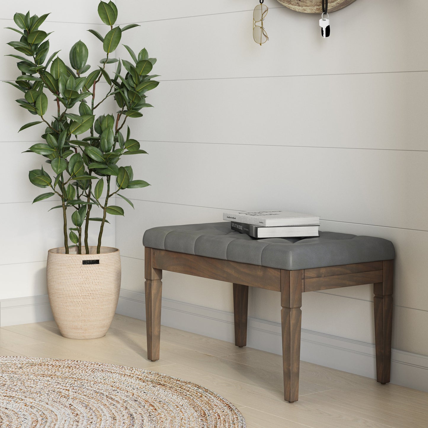 Flourishing Small Upholstered Tufted Ottoman Bench with Carved Legs