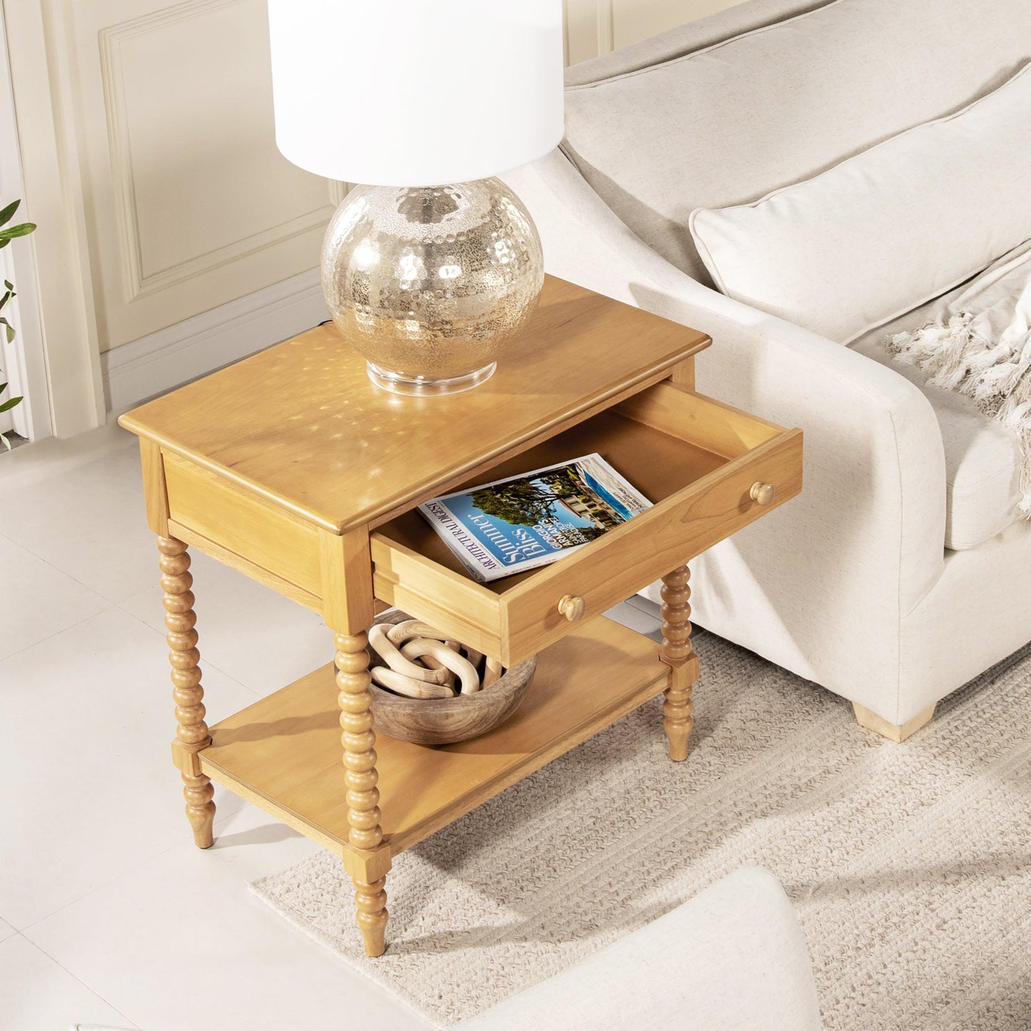 28" Side Table with Turned Legs, Shelf and Drawer
