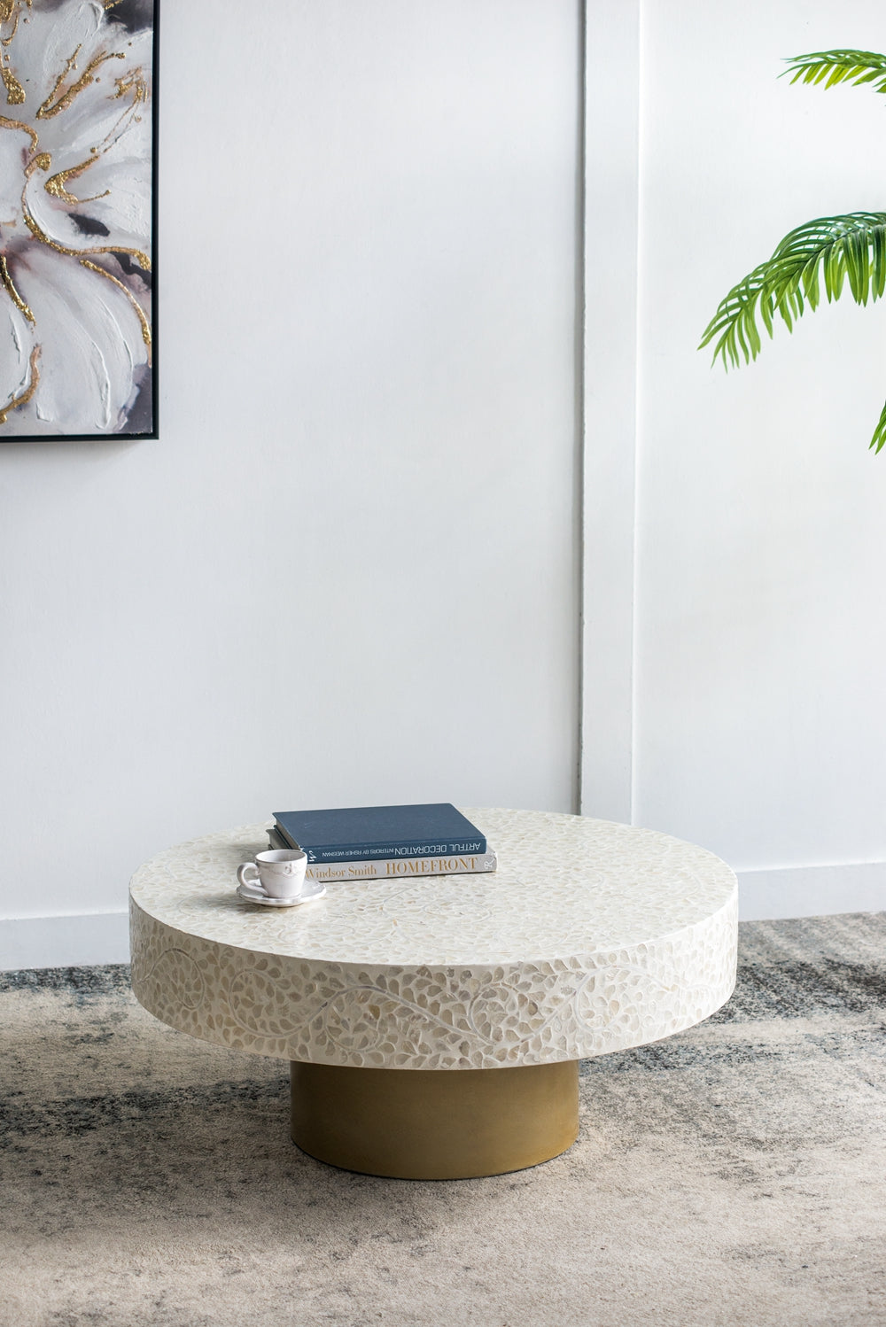 Alacrits Round Coffee Table with Capiz Design and Pedestal Base