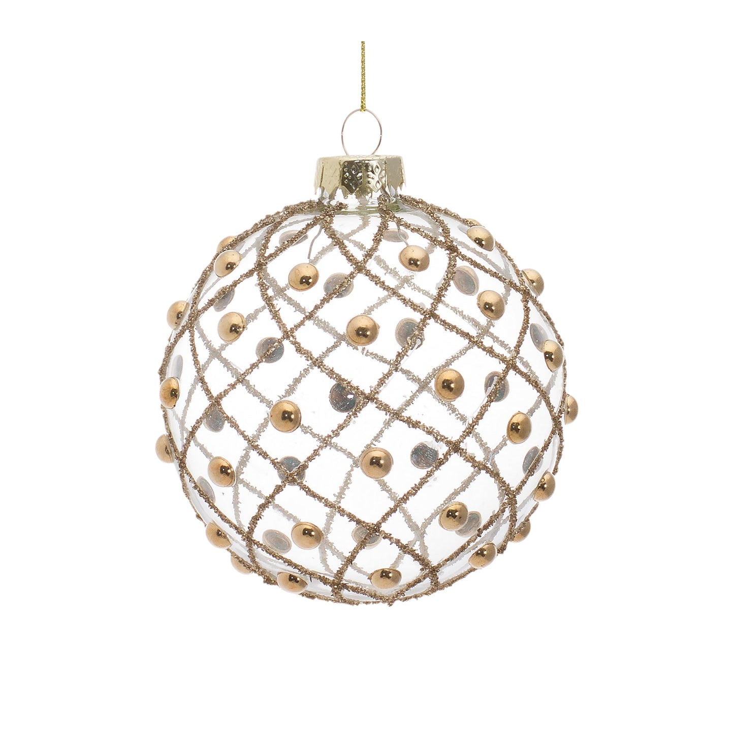 Gold Beaded Clear Glass Tree Ornament, Set of 6