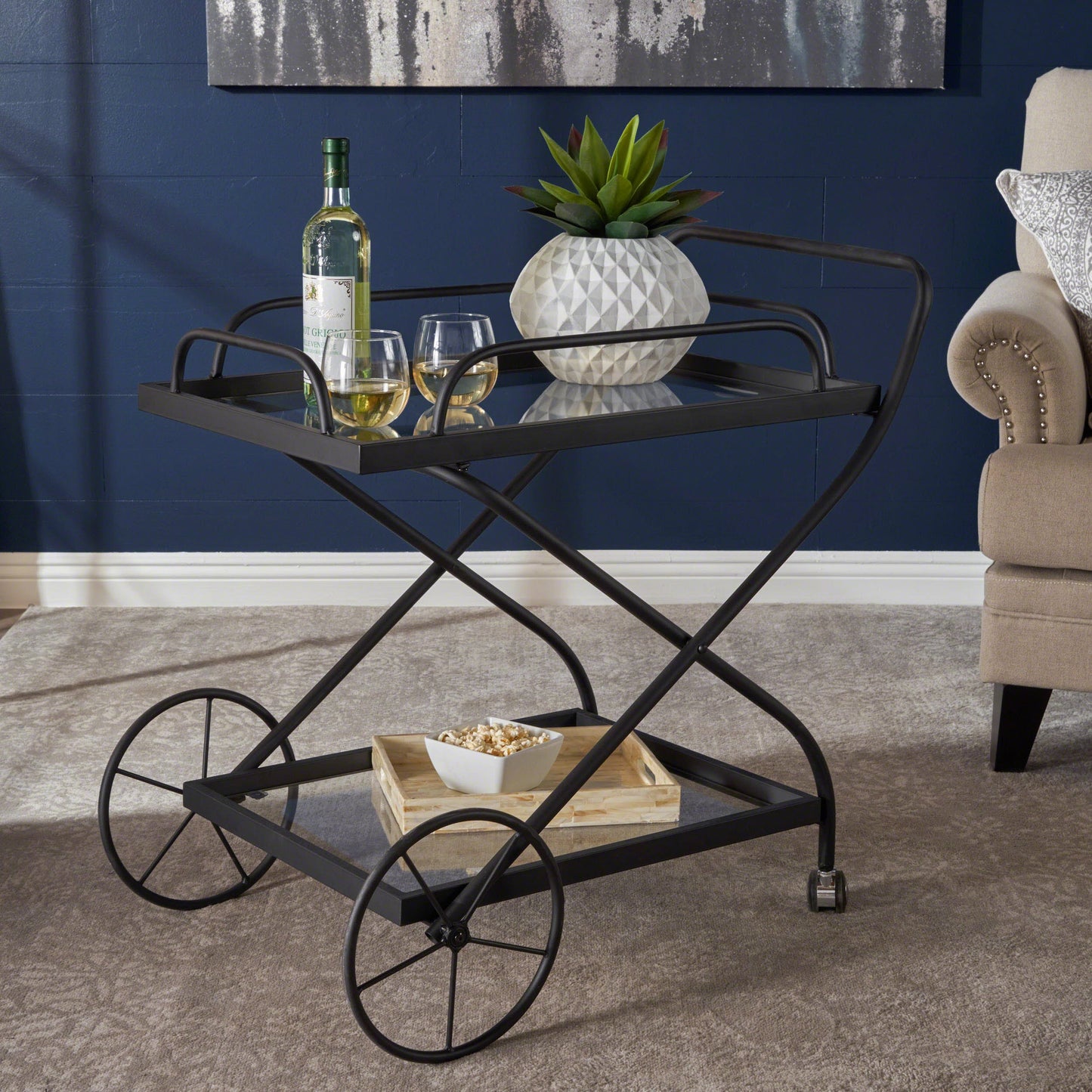 Allegro Outdoor Bar Cart with 2 Tempered Glass Shelves and Metal Frame