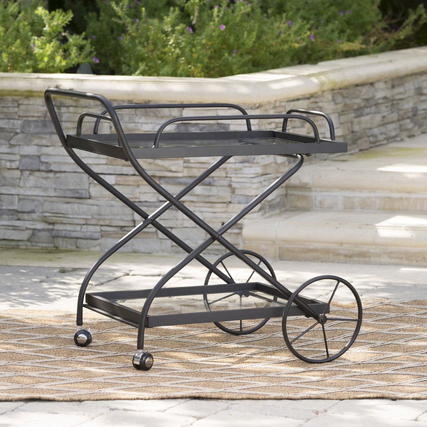 Allegro Outdoor Bar Cart with 2 Tempered Glass Shelves and Metal Frame