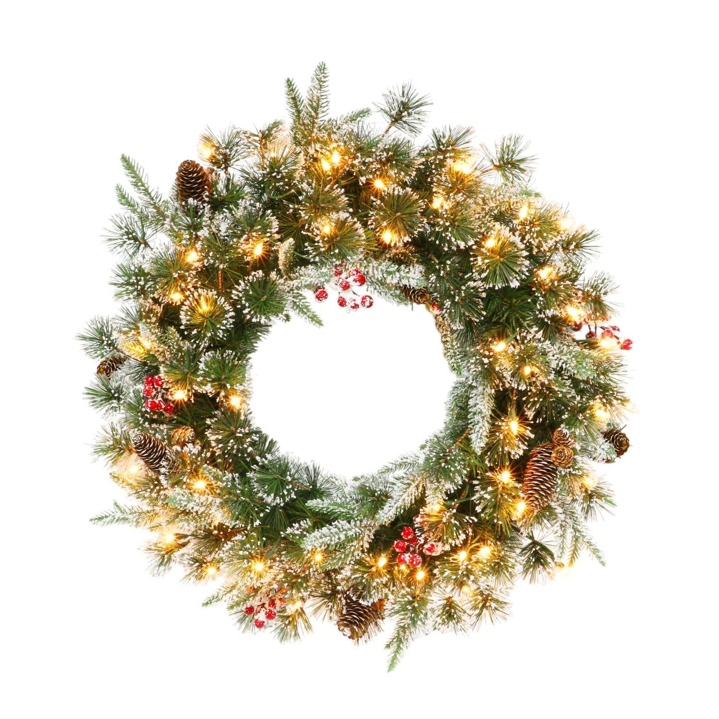 24" Pre-lit Decorated Christmas Wreath with Clear Lights, Pinecones and Red Berries