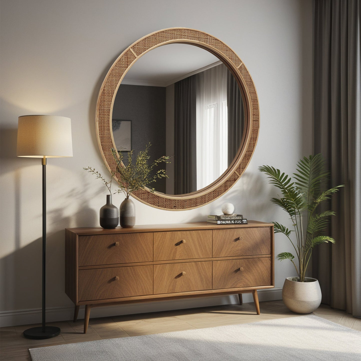Rustic Farmhouse Style Rattan Wall Mirror