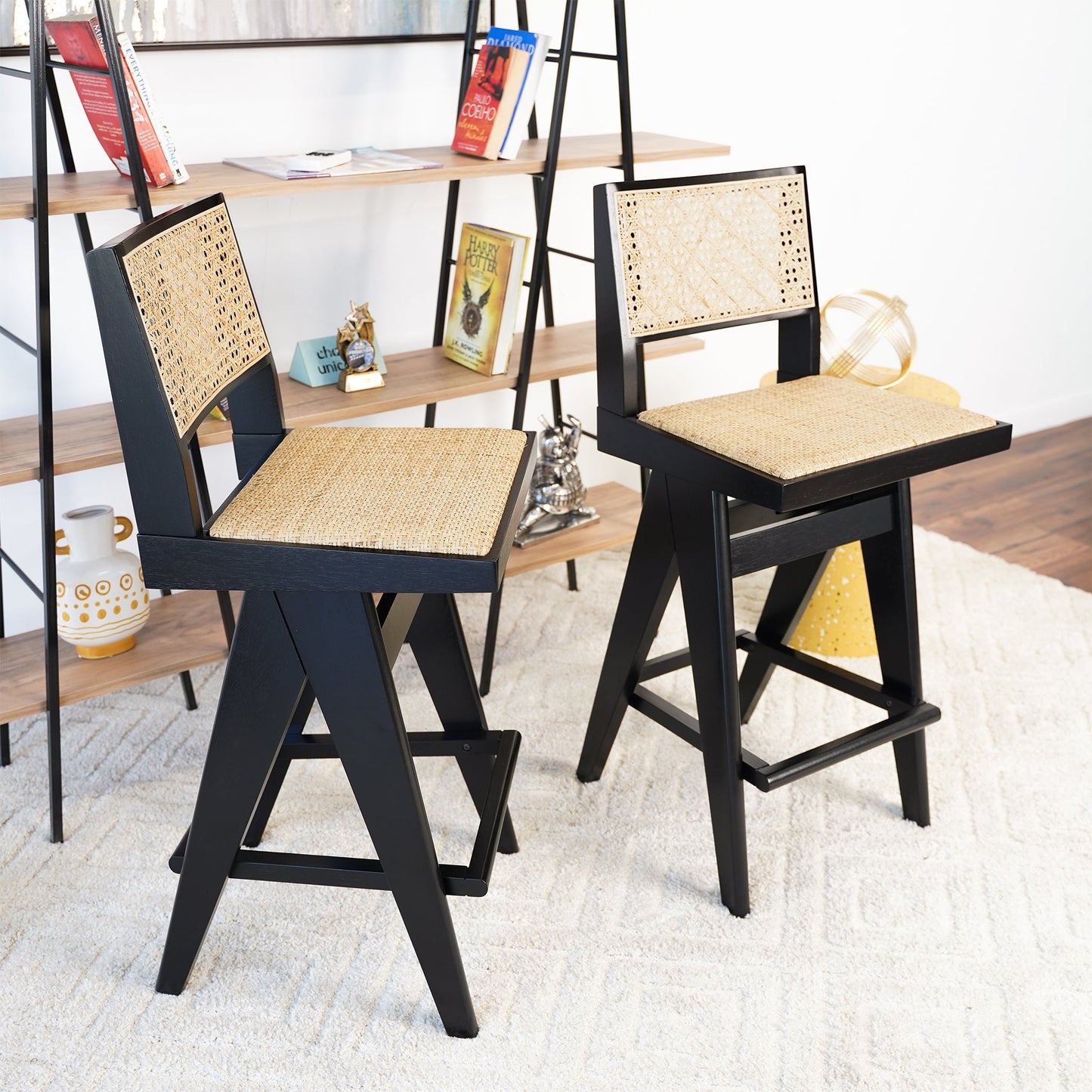 Rattan Bar Stool with Footrest and Open Back Design, Set of 2