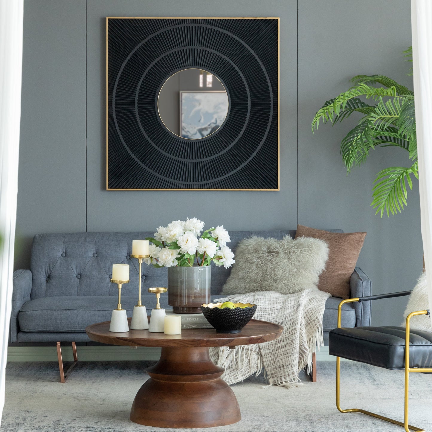 Square Wall Mirror with Pleated Design and Gold Iron Frame