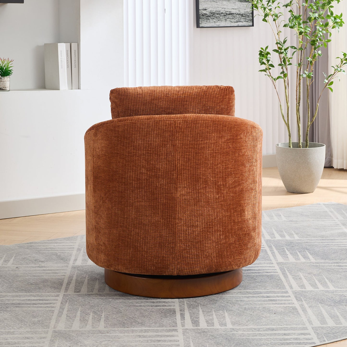 Actuator Upholstered Barrel Chair with 360-Degree Swivel Base and Curved Arms