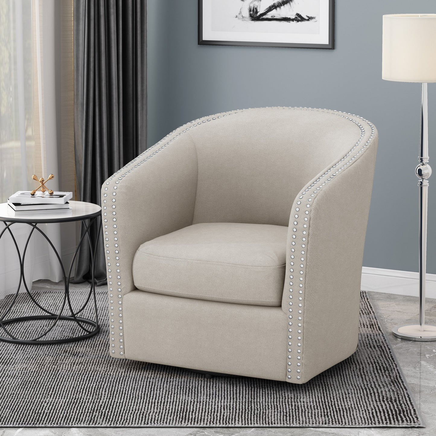 Riverbed Upholstered Swivel Chair with Nailhead Trim and Sloped Arms