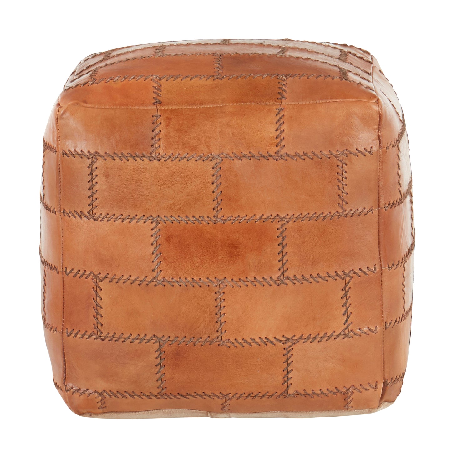 Leather Pouf with Patchwork Stitching