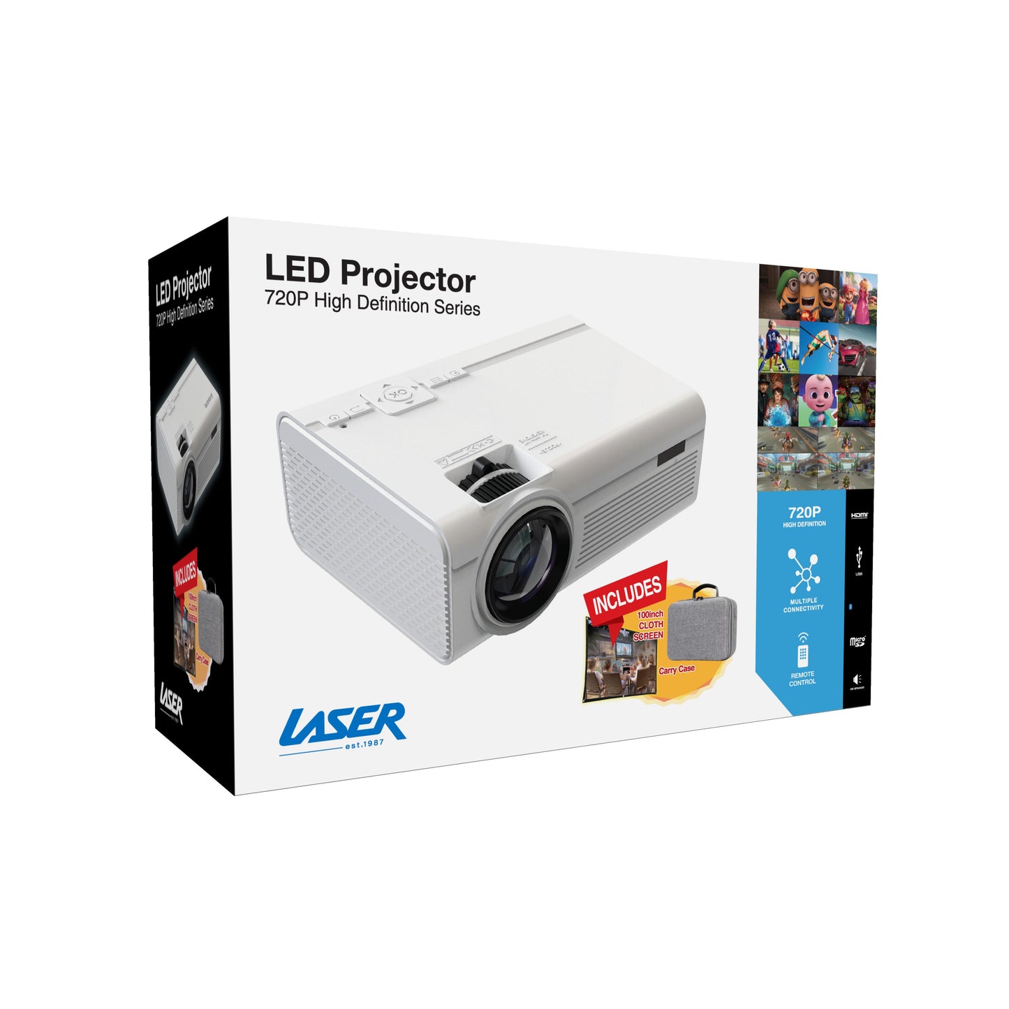 Laser 720P LED Projector Home Cinema with Screen (White)