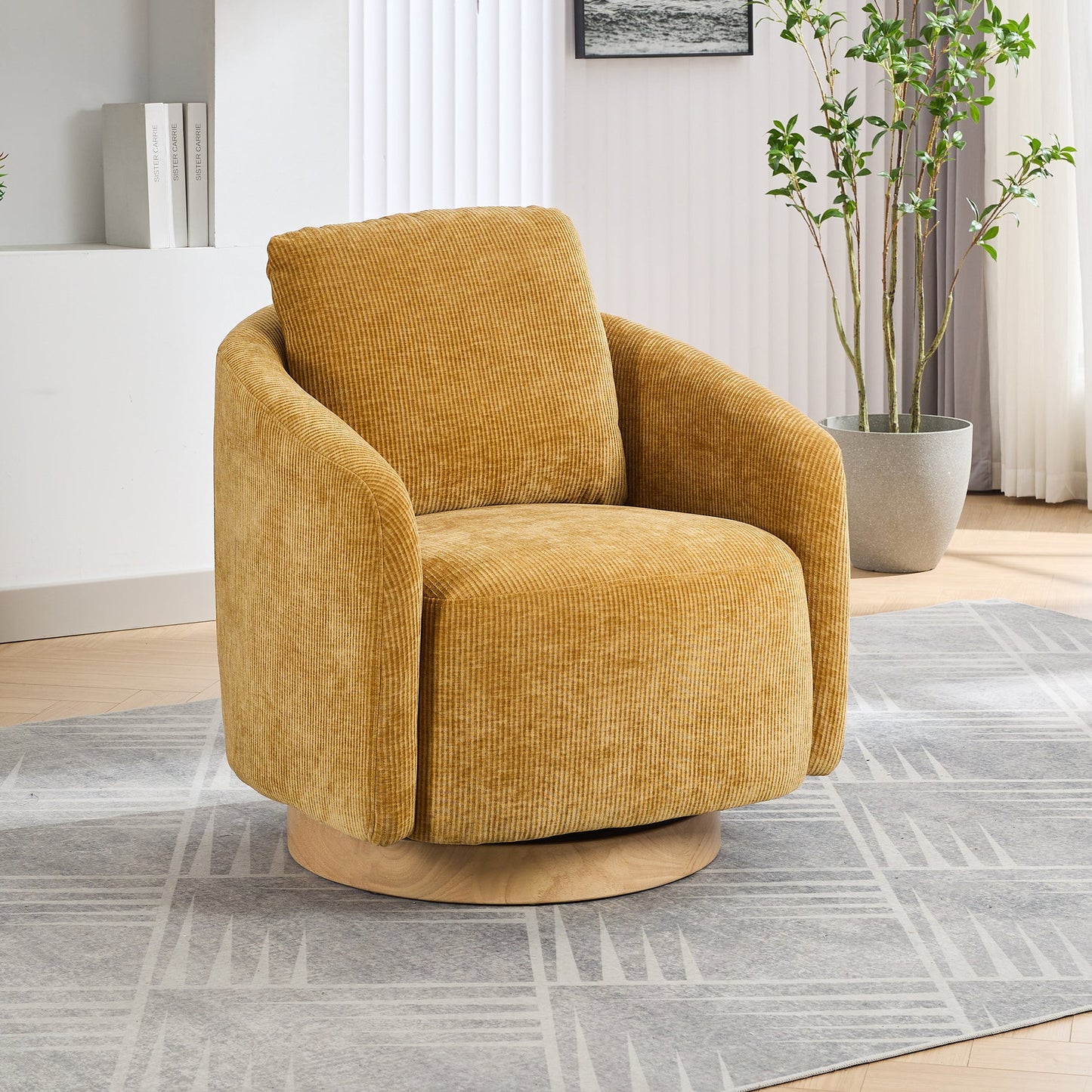 Actuator Upholstered Barrel Chair with 360-Degree Swivel Base and Curved Arms