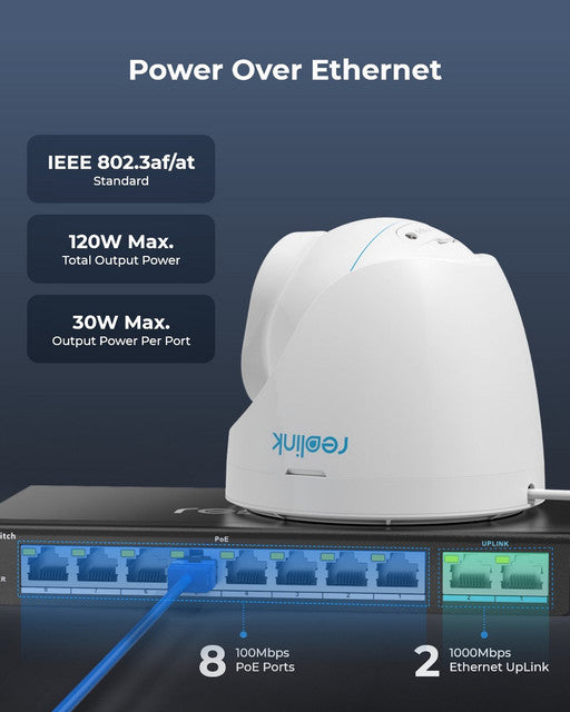Reolink PoE Switch with 8 PoE Ports and 2 Gigabit Uplink Ports, 120W Power Budget, RLA-PS1