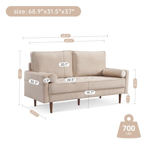 69" Modern Velvet Tufted 3-Seater Loveseat with Bolster Pillows