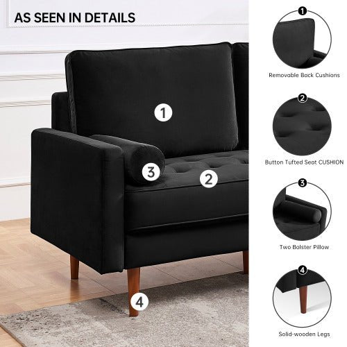69" Modern Velvet Tufted 3-Seater Loveseat with Bolster Pillows