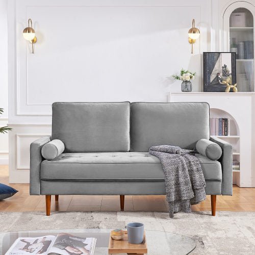 69" Modern Velvet Tufted 3-Seater Loveseat with Bolster Pillows