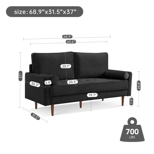 69" Modern Velvet Tufted 3-Seater Loveseat with Bolster Pillows
