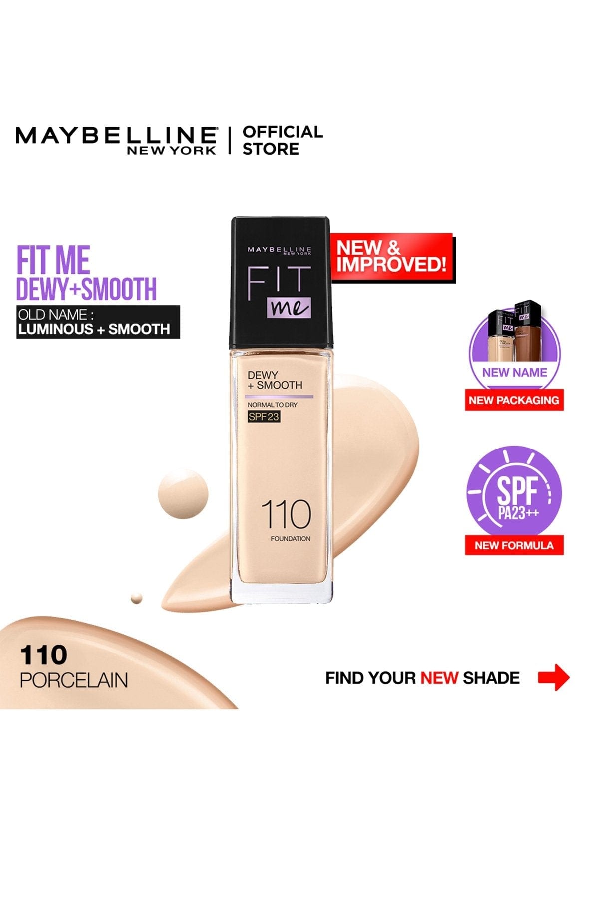 Maybelline New York Fit Me Dewy + Smooth Liquid Foundation - 110 Porcelain 30ml - For Normal to Dry Skin