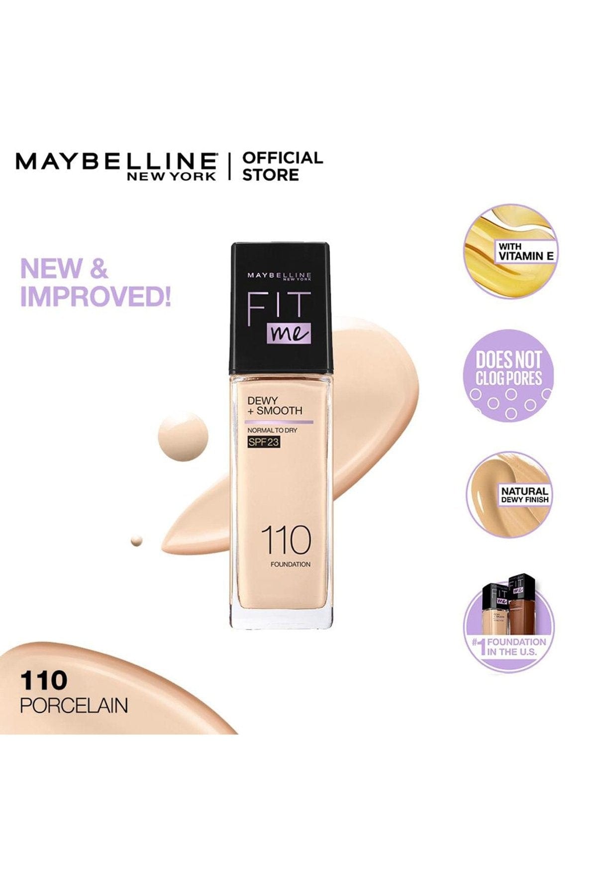 Maybelline New York Fit Me Dewy + Smooth Liquid Foundation - 110 Porcelain 30ml - For Normal to Dry Skin