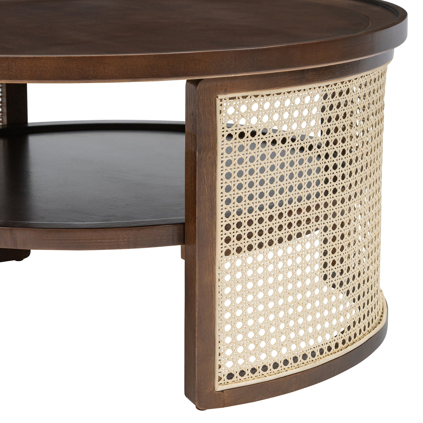 Wintered 2-Tiered Coffee Table with Rattan Base and Curved Edge Design
