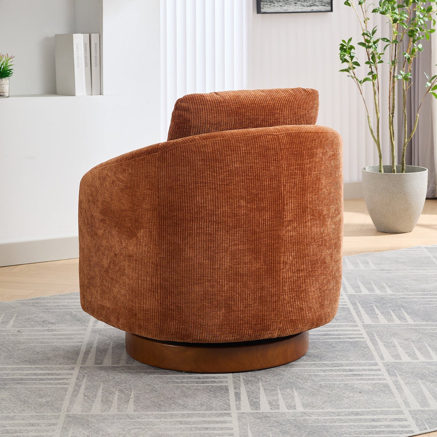 Actuator Upholstered Barrel Chair with 360-Degree Swivel Base and Curved Arms