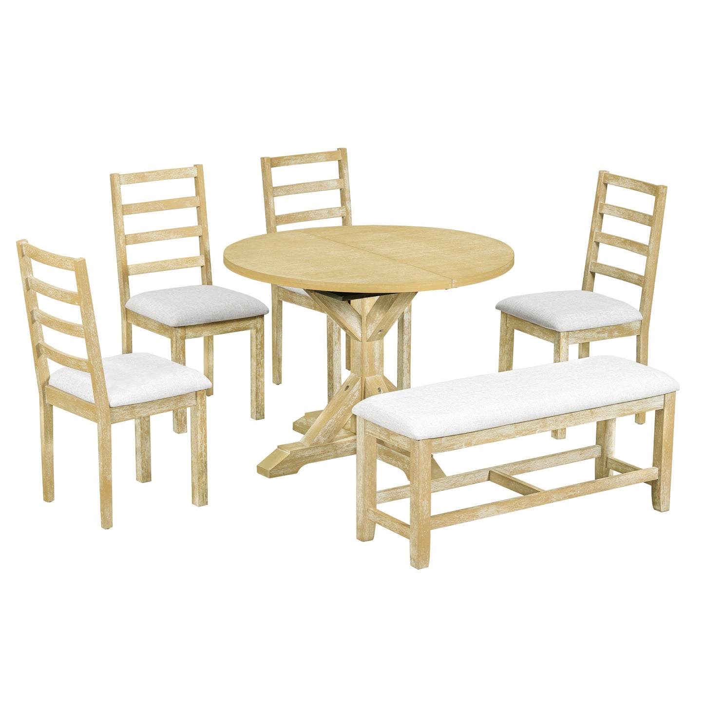 Kivor 6-Piece Dining Set with Extendable Table, Bench and 4 Ladder-Back Chairs