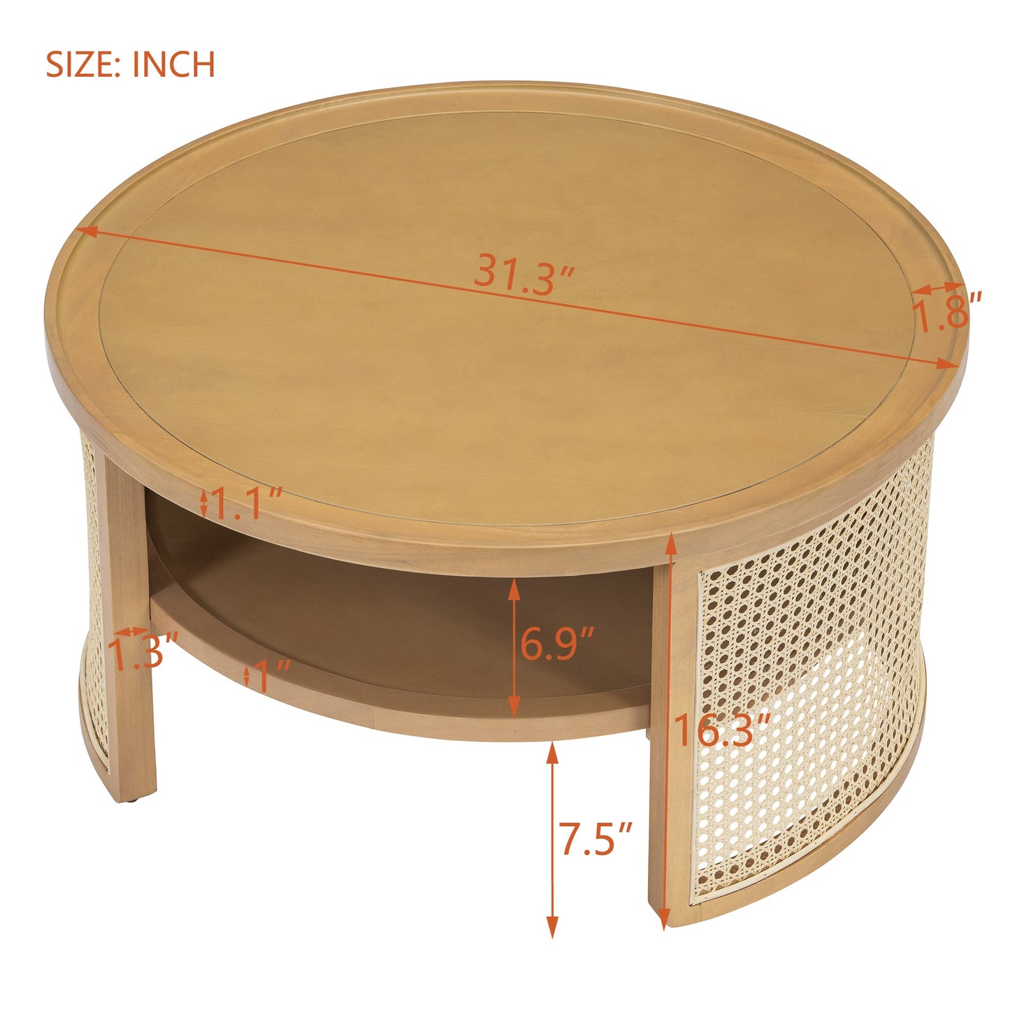 Wintered 2-Tiered Coffee Table with Rattan Base and Curved Edge Design