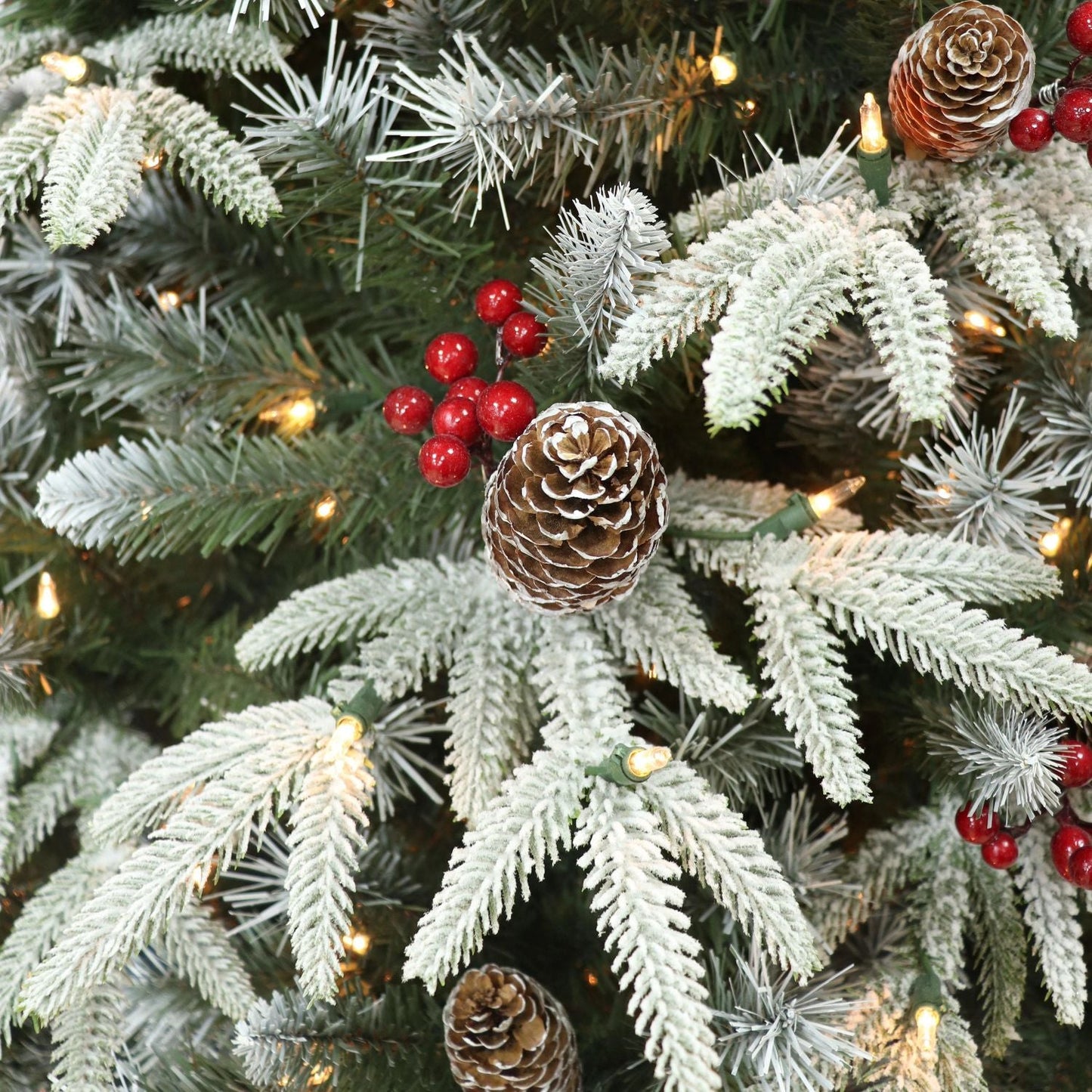 7.5 ft Pre-lit Flocked Halifax Fir Artificial Christmas Tree with Clear Lights, Pinecones & Red Berries
