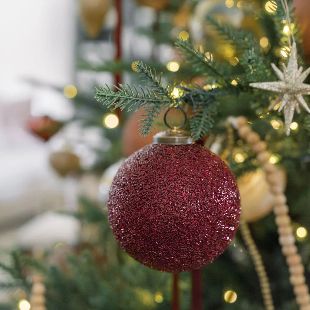 4" Beaded Bordeaux Glass Ornament, Set Of 4