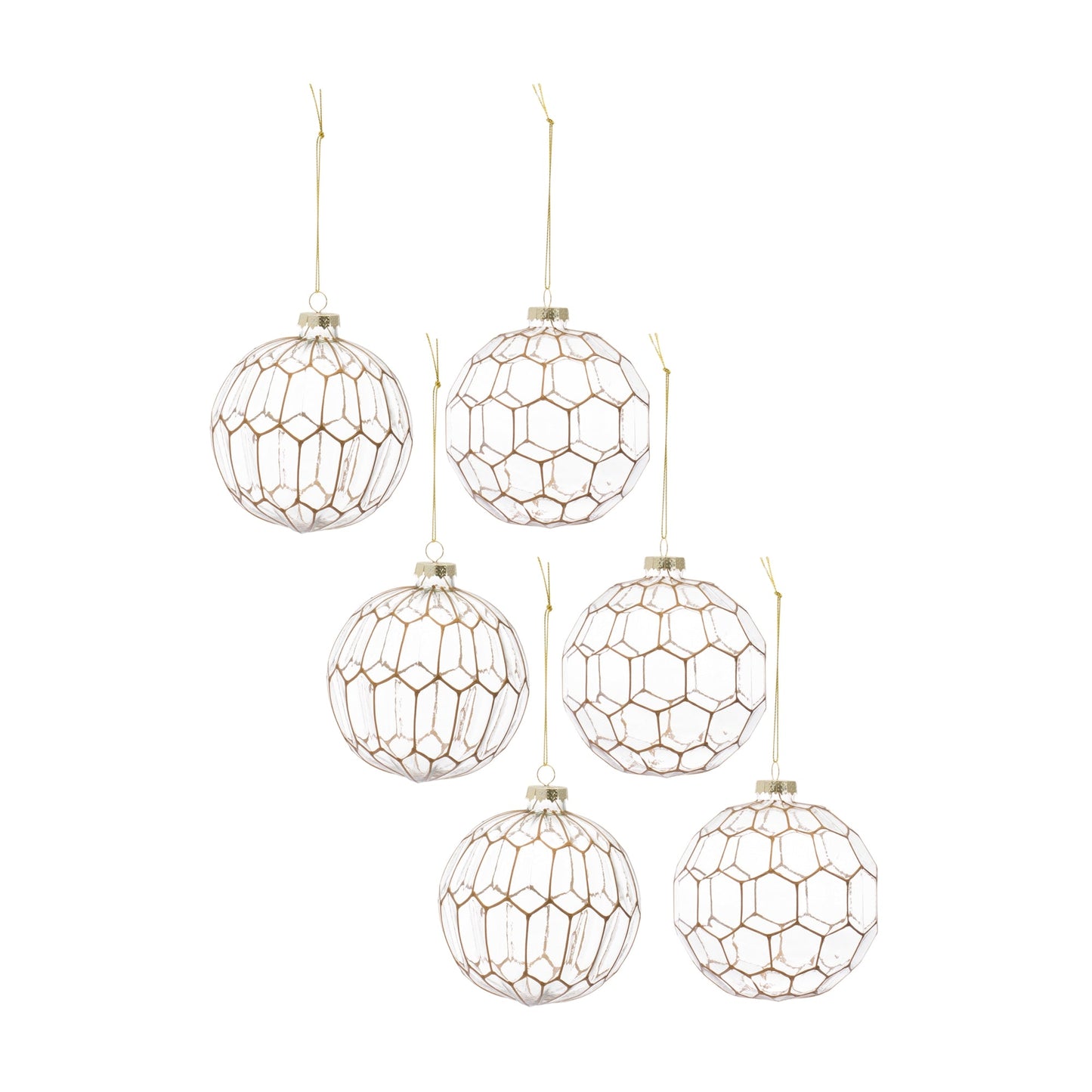 Clear Glass Ornament with Gold Geometric Design, Set of 6