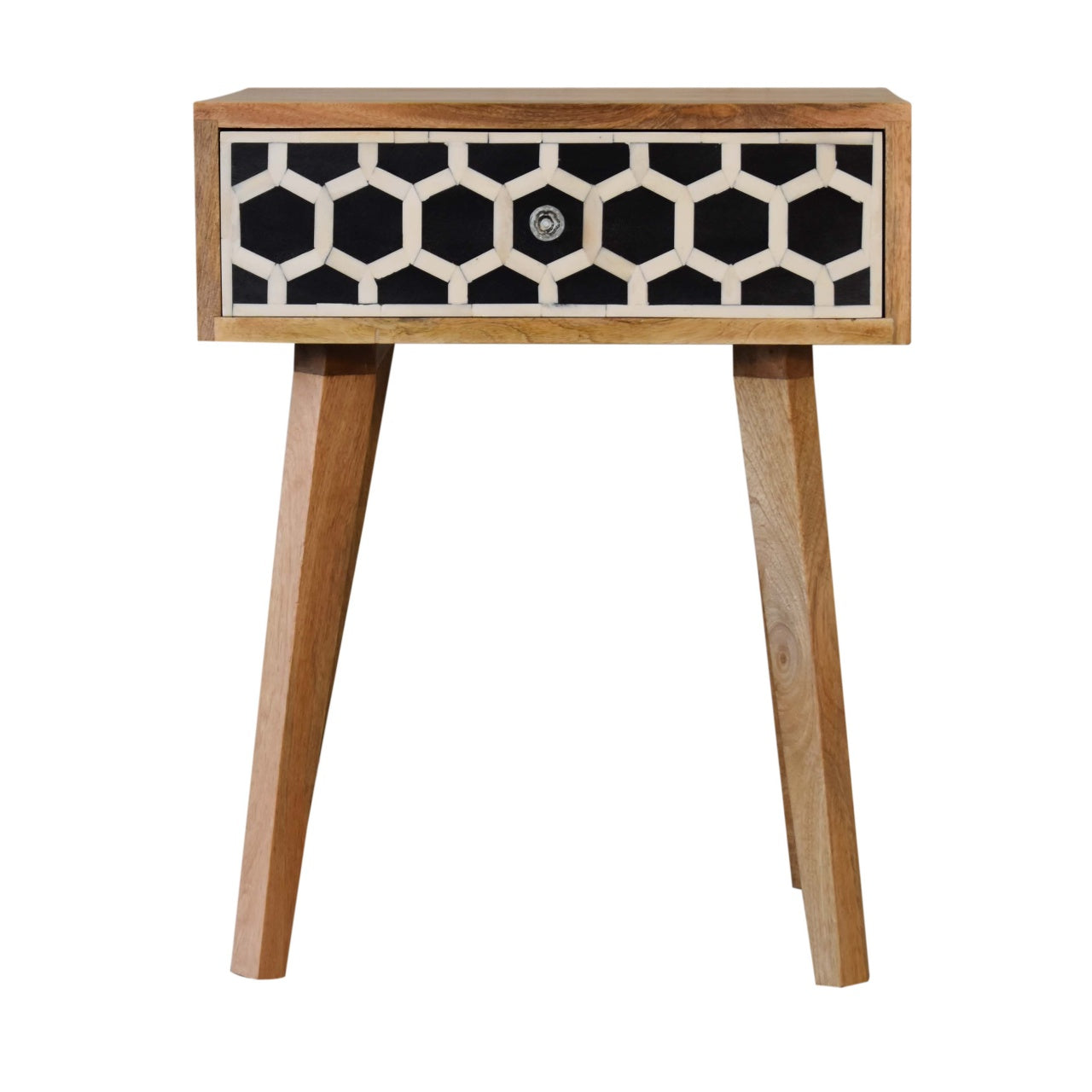 Arcanist Bone Inlay Bedside with Drawer and Tapered Wood Legs