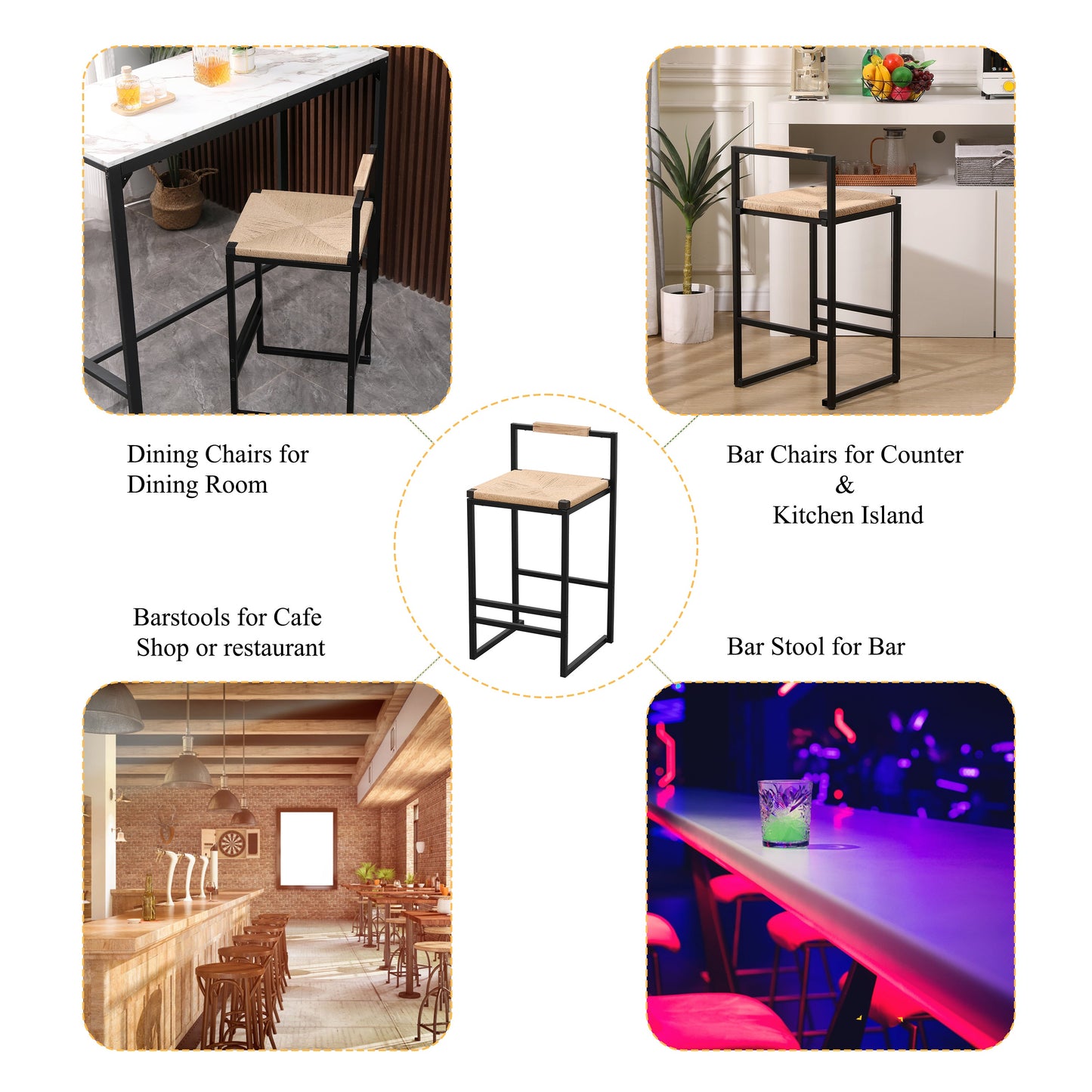 Rope Woven Bar Stool with Low Back and Metal Base, Set of 2
