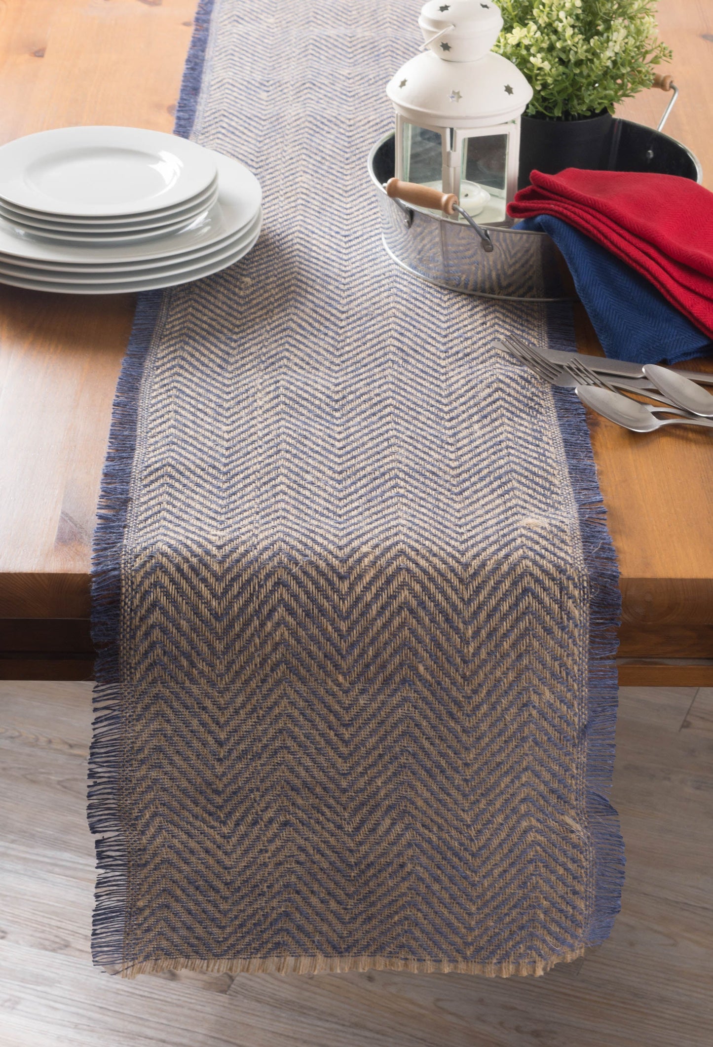 French Blue  Chevron Burlap Table Runner 14X108