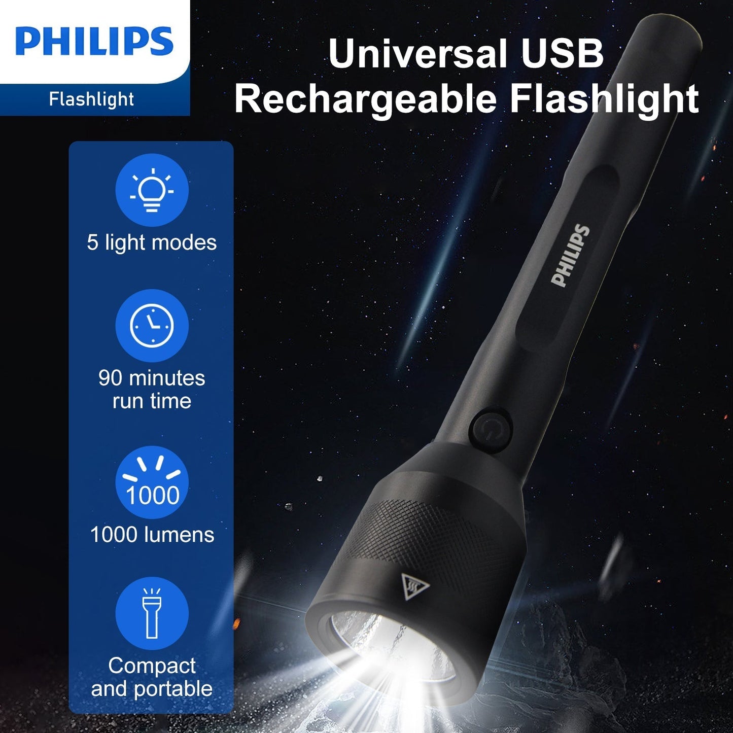 Philips SFL3602R Rechargeable LED Flashlight 1000 Lumens (Black)