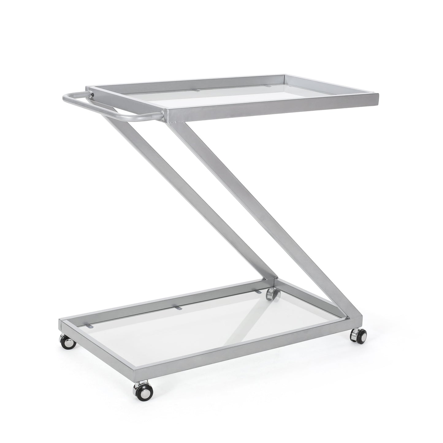 Z-Shape Bar Cart with 2 Glass Shelves and Rolling Casters