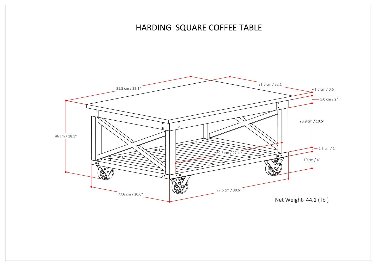 Square Coffee Table with Bottom Shelf and Wheels