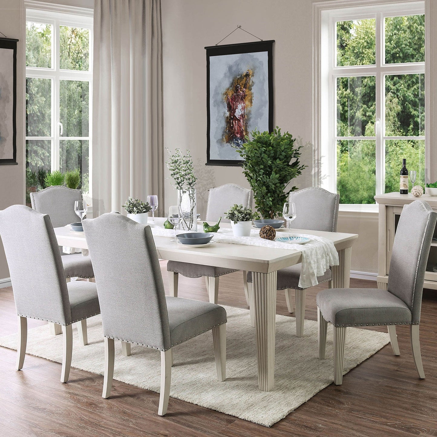 Upholstered Dining Chair with Nailhead Trim and Camel Back, Set of 2