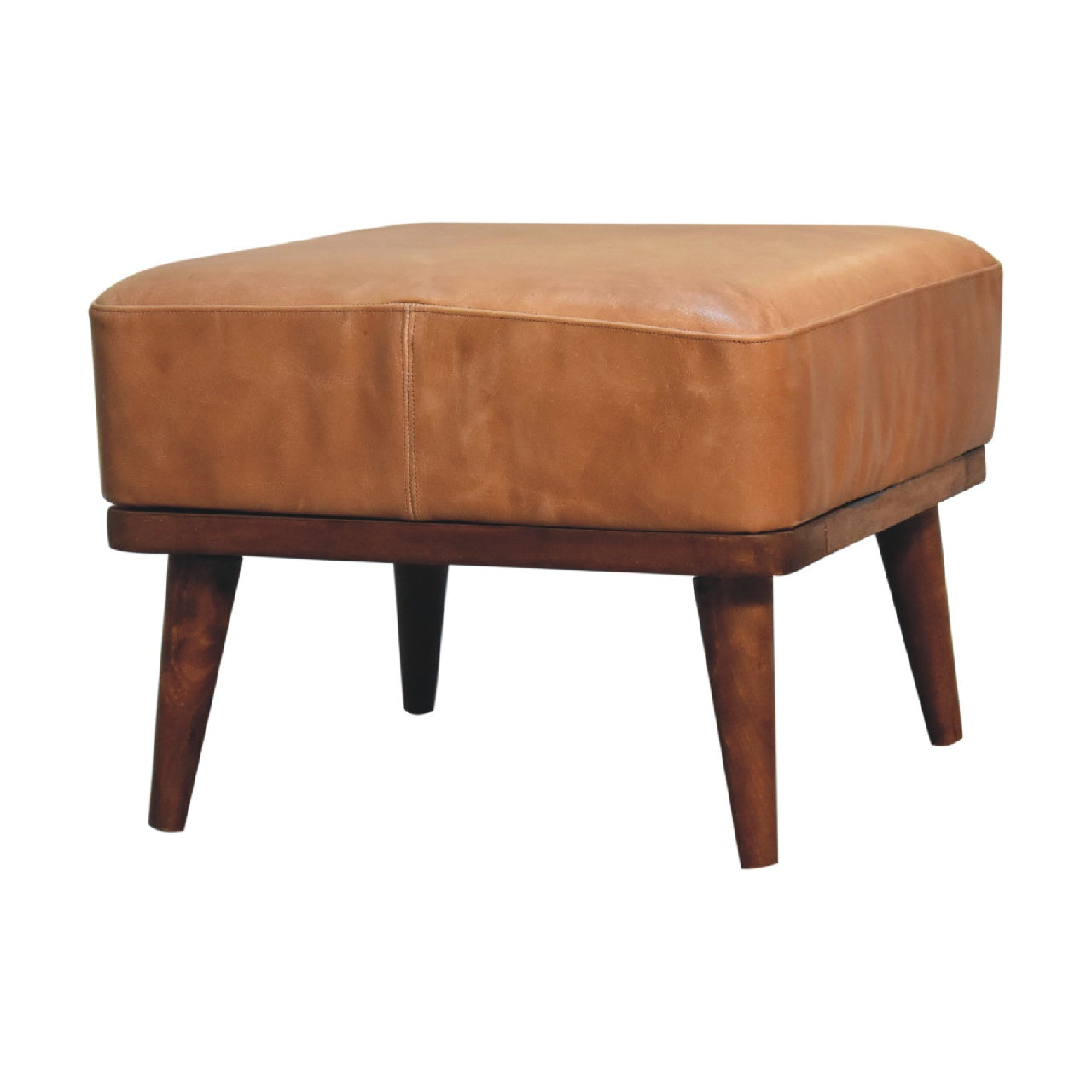 Buffalo Leather Footstool with Wood Tapered Legs