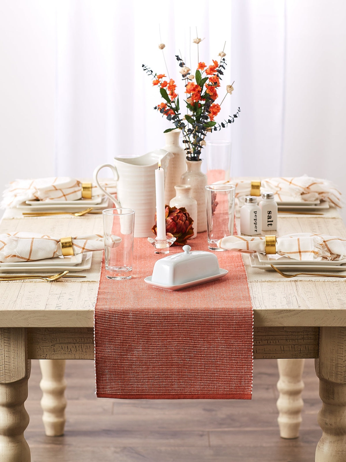Vintage Red & White 2-Tone Ribbed Table Runner 13X108