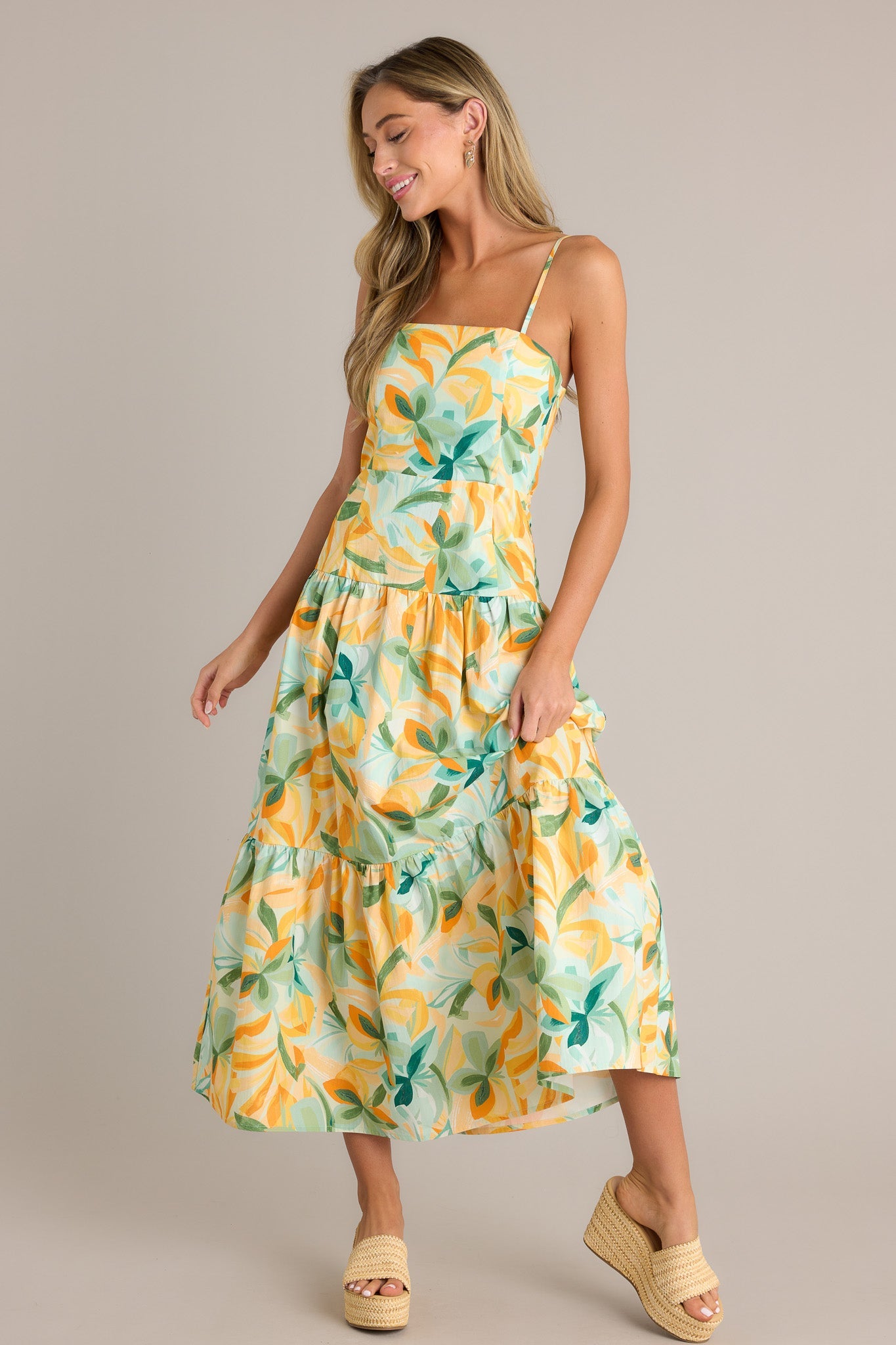 MINKPINK Solstice Yellow Tiered Midi Dress