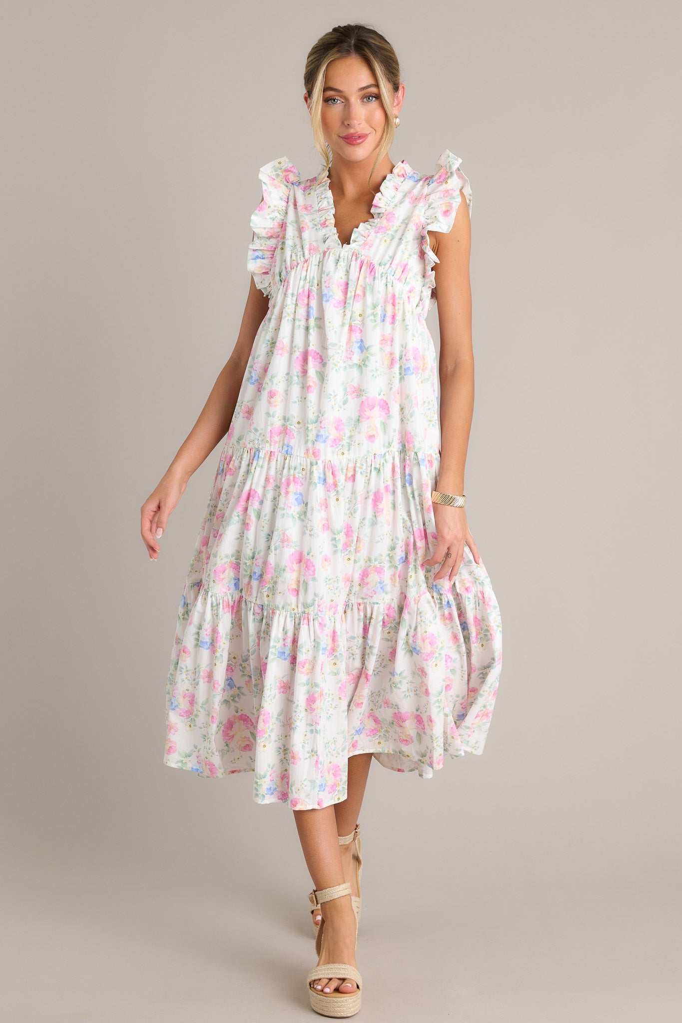 Lily Blooms 100% Cotton Ivory Floral Ruffle Sleeve Midi Dress