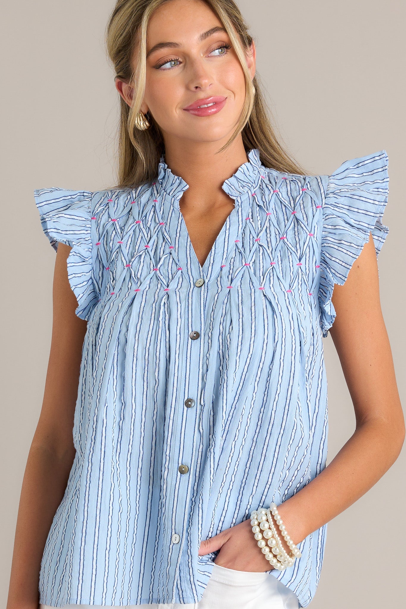 Let's Talk 100% Cotton Light Blue Stripe Button Front Top