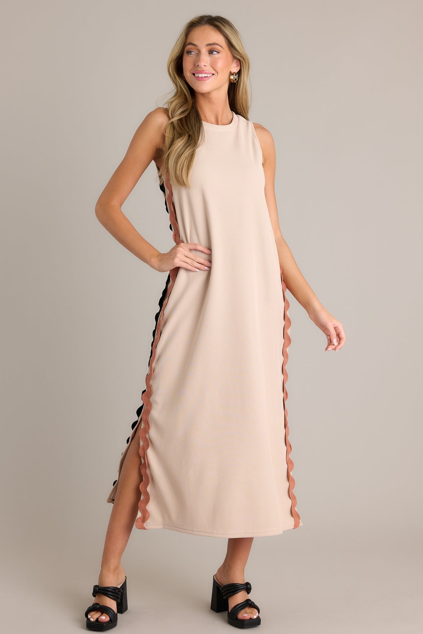 Radiant Glow Taupe Ricrac Midi Dress