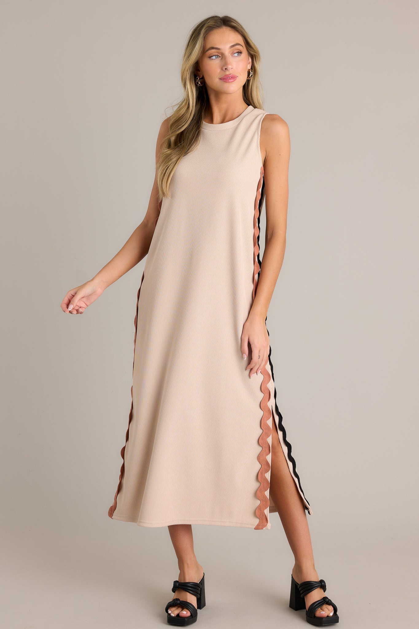 Radiant Glow Taupe Ricrac Midi Dress