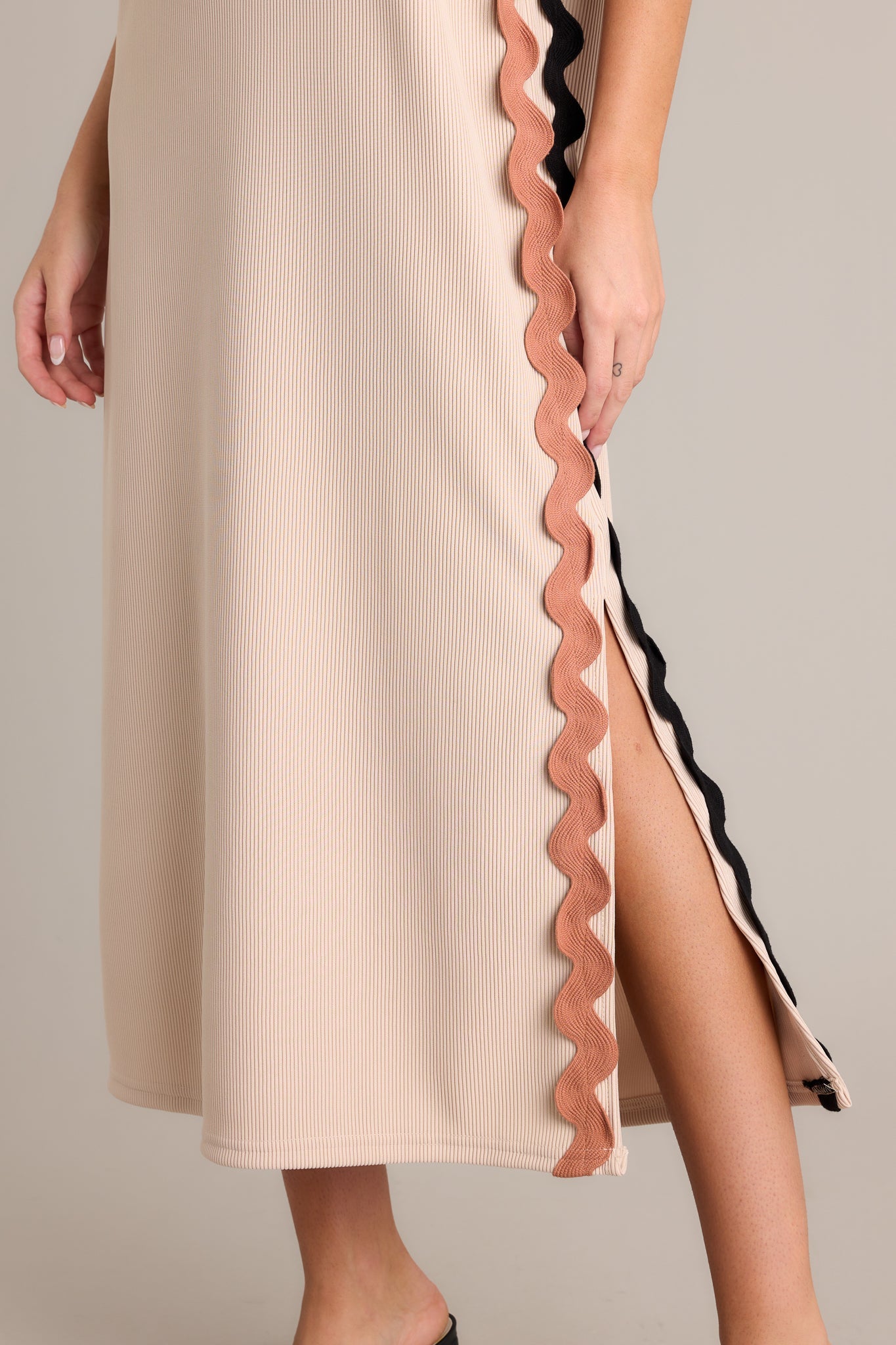 Radiant Glow Taupe Ricrac Midi Dress