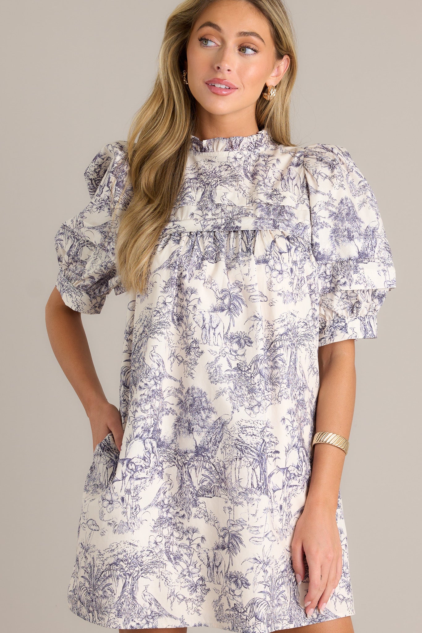 Pure Poise 100% Cotton Navy Toile Puff Sleeve Mini Dress